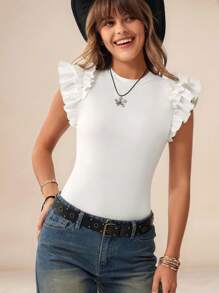 Wildy Vacation Outfits WomanWomen's Casual Solid Color Ruffle Trim Fitted Bodysuit - White - View 2