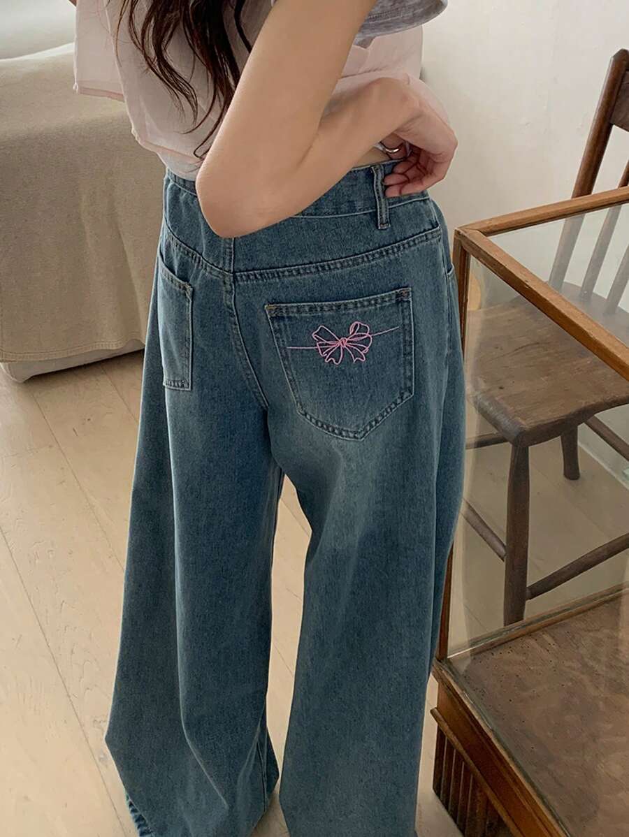 DAZY Women Embroidered Bow Loose Casual Washed Denim Jeans Fall,Winter - Baby Blue - View 1