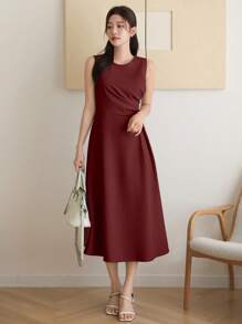 DAZY Vestido midi plisado sin mangas de color liso para mujer, vestido de verano