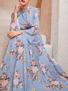 Graceveil Stand Collar Cross Strap Flare Sleeve Women Arabic Long Dress - Blue - View 6