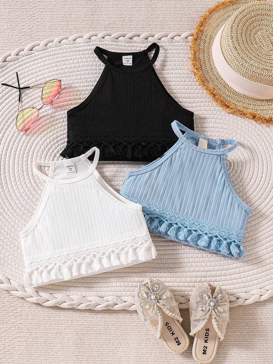 SHEIN Tank Top Tanpa Lengan Kerah Tinggi Bergaris Jacquard untuk Anak Perempuan, Cocok untuk Musim Panas, Liburan, Atasan Liburan Pantai untuk Anak Perempuan di Musim Panas - MultiWarna - View 1