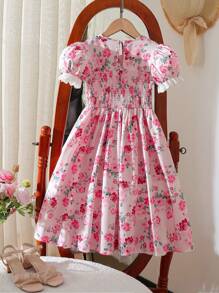 SHEIN Elladie kids 女孩青少年白色蕾丝领短袖花朵印花收腰荷叶边下摆连衣裙 - 彩色 - 查看 3