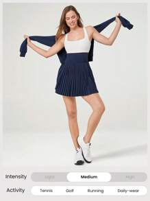 GLOWMODE Quick-Dry Tennis Built-In Cups Pleated Active Cutout Back High Waist Peekaboo Dress Medium Impact With Built-In Shorts Side Pockets Low Impact Running Training Workout Gym - Blue - View 9