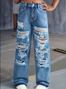 Tween Girls Street Style Distressed Loose Straight Wide-Leg Jeans - Medium Wash - View 6
