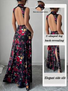 Elenzga 女士优雅花朵度假露背侧开衩连衣裙，随意剪裁 - 彩色 - 查看 1