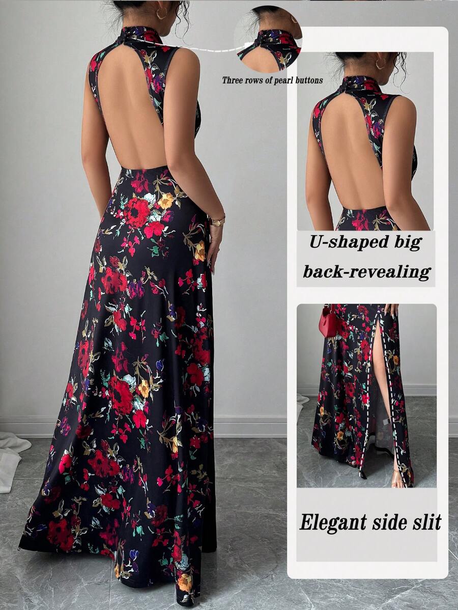 Elenzga 女士优雅花朵度假露背侧开衩连衣裙，随意剪裁 - 彩色 - 查看 1