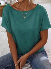 EMERY ROSE Women's Solid Color Asymmetric Neck Casual Short Sleeve T-Shirt - Cadet Blue - View 6