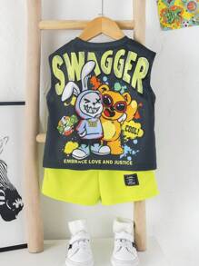 SHEIN 2pcs Baby Cartoon Animal Print Knit Soft Round Neck Drop Shoulder Pullover Top And Elastic Waist Shorts Set, Suitable For Sporty, Casual, Outdoor Wear For Spring/Summer