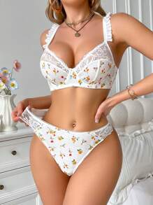 2pcs Women Floral Print Contrast Lace Underwire Lingerie Bra & Panty Set - Multicolor - View 5