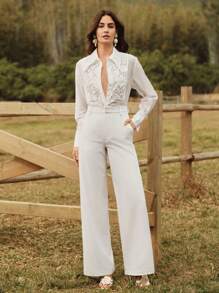 Anewsta 女士蕾丝贴花领宽松衬衫，节日外出 - 白色 - 查看 7