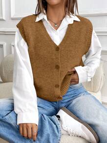 Chiquease Women's Casual Minimalist Solid Color Single-Breasted Knitted Vest - Brown - View 5