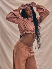 MUSERA Off The Shoulder Long Sleeve Ruched Tie Top Spring Summer Vacation Cute Top Holiday - Orange - View 2