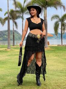 SHEIN EZwear Falda de encaje negro talla grande, minimalista y de moda, apropiada para vestidos de verano, festivales, rave y conciertos para mujeres, estilo gyaru y Y2K
