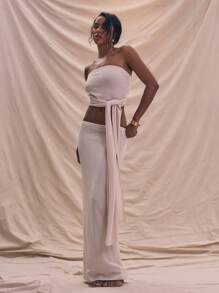 MUSERA Bandeau Fitted Knit Waist Drape Tie Detail Top Micro Crop Top Summer Holiday Cute Spring - Cream - View 5