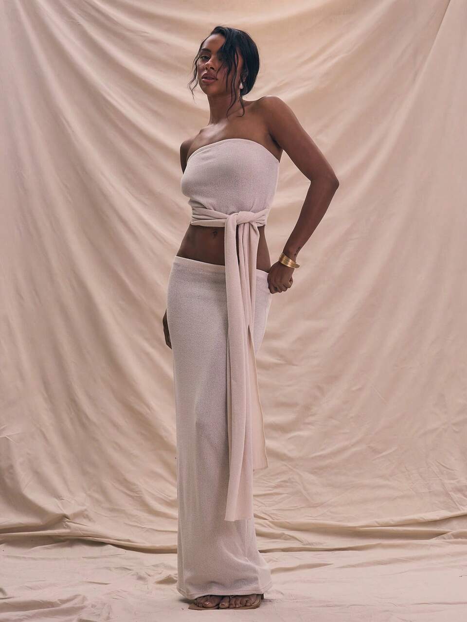 Bandeau Fitted Knit Waist Drape Tie Detail Top Micro Crop Top Summer Holiday Cute Spring