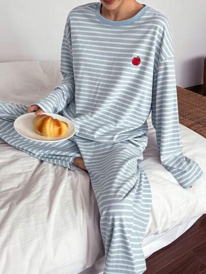 DAZY Women 2pcs Stripe & Apple Pattern Decorated Loose Pajama Set, Spring, Fall Winter Clothes