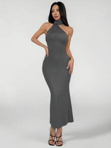 SHEIN PETITE 纯色挂脖露背紧身连衣裙 - 灰色 - 查看 5