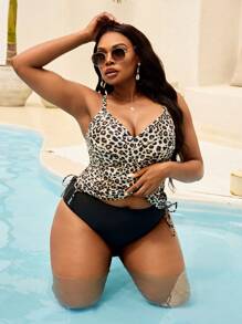 Swim Lushoire Women Plus Size Leopard Print 2 Pieces Set - Halter Neck Criss-Cross Front Drawstring Waist Top And Triangle Bottoms Vacation Bikini For Summer - Multicolor - View 5