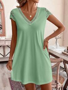 SHEIN Frenchy Solid Color Splicing Water Soluble Dante Loose Fit Rochie Rochie de vara, Rochie de soare, Boho, Rochie florala, Tinute de vara, Rochie casual, Rochie eleganta