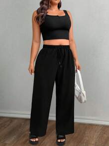 SHEIN LUNE Pantalones largos informales minimalistas de diseño arrugado para mujer de talla grande