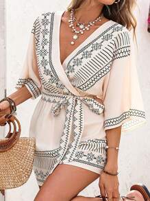 SHEIN VCAY Tutina avvolgente con scollo a V e stampa geometrica per donne taglia comode
