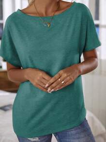 EMERY ROSE Women's Solid Color Asymmetric Neck Casual Short Sleeve T-Shirt - Cadet Blue - View 5