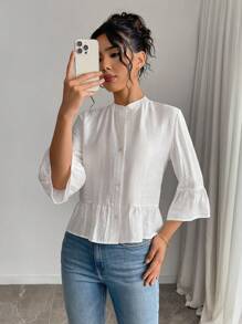 Gloray Áo sơ mi đơn hàng ngày tay chuông màu trơn dành cho nữ - trắng - Xem 5