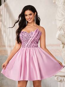 Lovelzi Elegant, romantisch, lief, waardig, lente en zomer, roze paillettenstof, satijnen stiksels, geplooide borstvormige buisjurk, A-lijn korte jurk, geschikt voor verjaardagsfeestjes, muziekfestivals, vakanties, bruiloftsgasten, afstudeerjurken, thuiskomstfeesten, galajurken, feestjurken