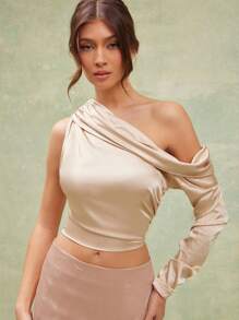 L'Amorae Women Solid Color Pleated Asymmetrical Collar Cropped Top