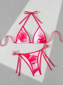 SHEIN Swim بيكيني للنساء قطعتين لملابس الشاطئ، ملابس علوية كشكشة ذات ظهر مكشوف ، وأسفل مربوط الجوانب، طباعة صيفية للعطلات والشواطئ - متعدد الألوان - مشاهدة 6