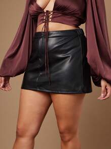 Hauture 夏季女士，女士大码性感休闲黑色仿皮银色纽扣修身迷你裙，女式半身裙，黑色半身裙，皮裙。适合约会、演唱会、演出、派对、俱乐部、音乐节 - 黑色 - 查看 1