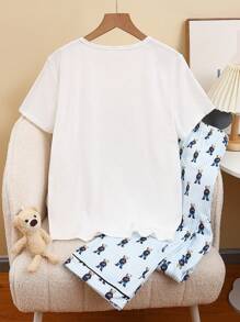 青少年男孩睡衣套装，白色底衣，可爱熊印花，圆领短袖上衣 + 宽松长裤，休闲家居服 - 彩色 - 查看 2