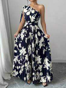 Elenzga Women's Casual Elegant Holiday Sleeveless Black & White Floral Print Ruched Long Jumpsuit Fall Cloth For Women - Navy Blue - View 7