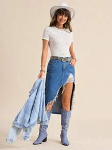 Wildy Boho Cowboy Festival Summer Tops Western Wear Women Women's Ivory Crew Neck Fitted Rhinestone Decor Casual Short Sleeve T-Shirt, Spring/Summer