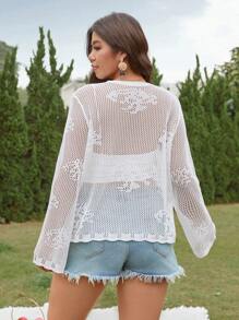 SHEIN LUNE Plus Size Women Open Front Tie-Up Loose Knit Cardigan With Hollow Design - White - View 2