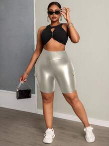 Slaydiva 加休闲街头工作服立体口袋宽腰修身长裤骑行裤针织女士短裤弹力皮革 - 銀色 - 查看 6