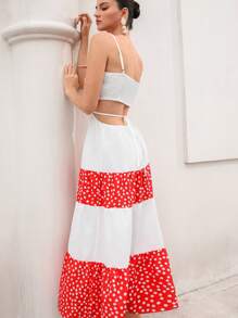 Aveloria Rosie 优雅别致度假拼色碎花细肩带露背荷叶边拼接 A 字长裙女式波西米亚风度假时尚风格夏季春秋季 - 彩色 - 查看 1