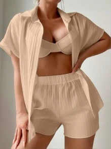 Swim Basics Women's Vacation Solid Color Short Sleeve Loose Kimono Top And Shorts Set