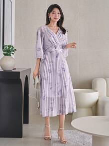 DAZY Women's V-Neck Floral Print 3/4 Sleeve Pleated Hem Elegant Dress, Fall Clothes Dress - Mauve Purple - View 3