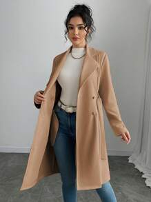 Rafferiza Chaqueta regular de mujer de unicolor, de doble botonadura, con bolsillos laterales, de imitación - Caqui - Ver 3