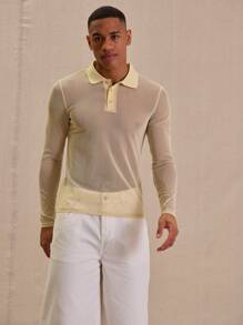 Musero Long Sleeve Fitted Button Up Collared Sheer Polo Style Seam Detail Top Spring Summer Essentials - Apricot - View 1
