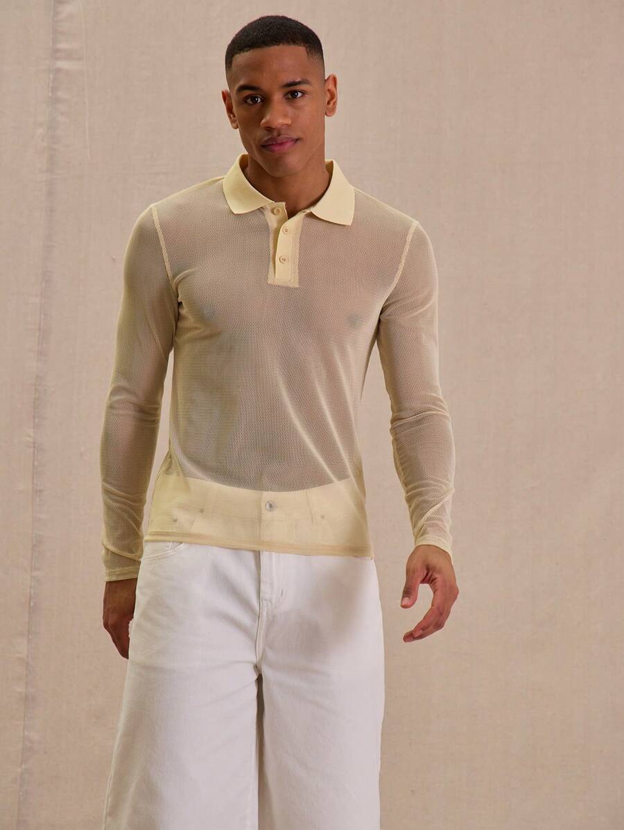 Musero Long Sleeve Fitted Button Up Collared Sheer Polo Style Seam Detail Top Spring Summer Essentials - Apricot - View 1