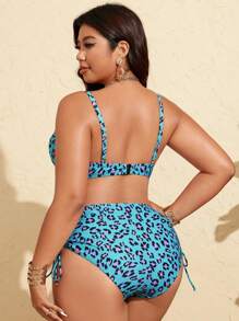 Swim Lushoire 2pcs Plus Size Women Leopard Print Padded Bra Crisscross Strap Tankini Top & High Waist Drawstring Ruched Bottom, Fashionable Casual Beach Swimwear Set