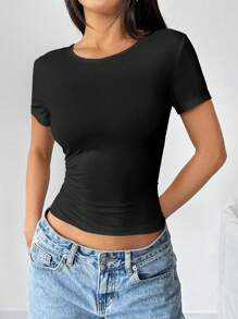 Chiquease Áo thun nữ cổ tròn, eo ôm, tay ngắn, nhẹ, cơ bản - Đen và trắng - Xem 7