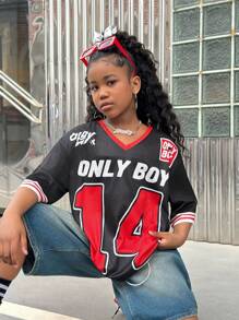 SHEIN Tween Girls' Casual Street Style Sports Letter & Number Print Mesh T-Shirt, Spring/Summer - Black - View 1