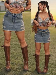 SHEIN PETITE 女式性感紧身弹力牛仔迷你裙（带破洞），夏季女士，乡村音乐会，牛仔女郎，锐舞，牛仔竞技表演，女士街头服饰，女士夏季装，商务休闲女士，优雅女士裙子，女式牛仔女郎，锐舞节，音乐会女士，乡村音乐会 - 中等水洗藍 - 查看 1