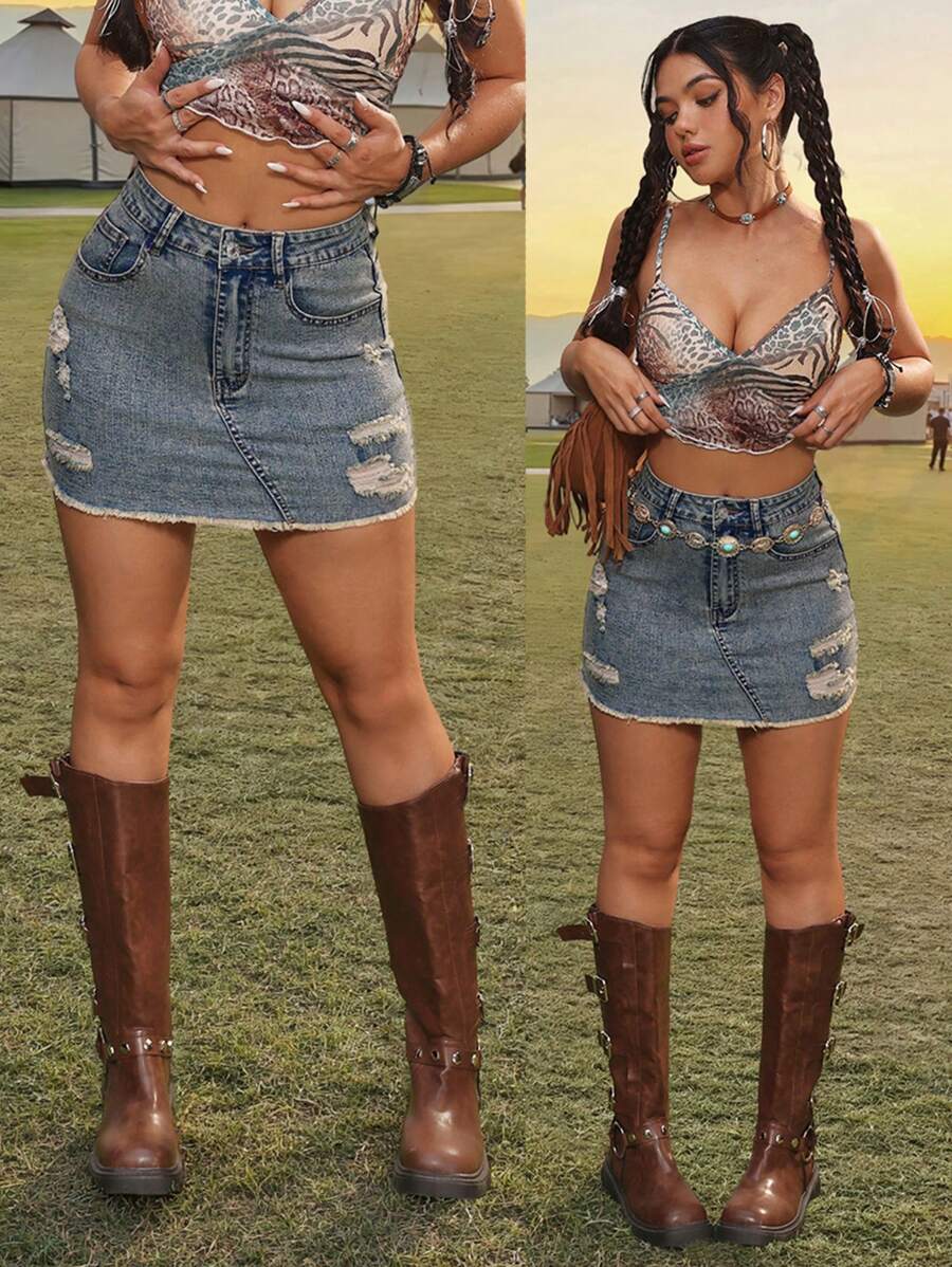 SHEIN PETITE 女式性感紧身弹力牛仔迷你裙（带破洞），夏季女士，乡村音乐会，牛仔女郎，锐舞，牛仔竞技表演，女士街头服饰，女士夏季装，商务休闲女士，优雅女士裙子，女式牛仔女郎，锐舞节，音乐会女士，乡村音乐会 - 中等水洗藍 - 查看 1