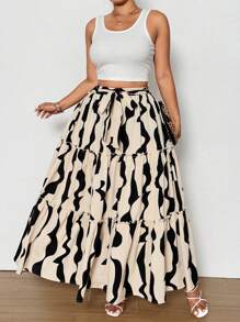 SHEIN Clasi 大码女式度假休闲宽松分层抽绳腰部 A 字裙 - 彩色 - 查看 4
