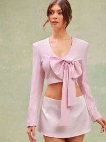 L'Amorae Verão Feminino, Feminino, Cropped Feminino Elegante e Sofisticado, Rosa, Cor Sólida, Manga Longa, Laço Decorado, Tops Femininos, Blusas Femininas, Top de Manga Longa, Blusas Femininos Elegantes, Top Rosa, Top Formal. Para Encontros, Performances, Casamentos, Festas, Clubes, Noite, Casual de Negócios - Rosa - Ver 1