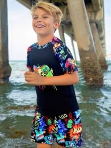 SHEIN 2pcs Kids/Tween Boys Casual Versatile Printed Round Neck Short Sleeve Top And Printed Swim Trunks Swimsuit Set